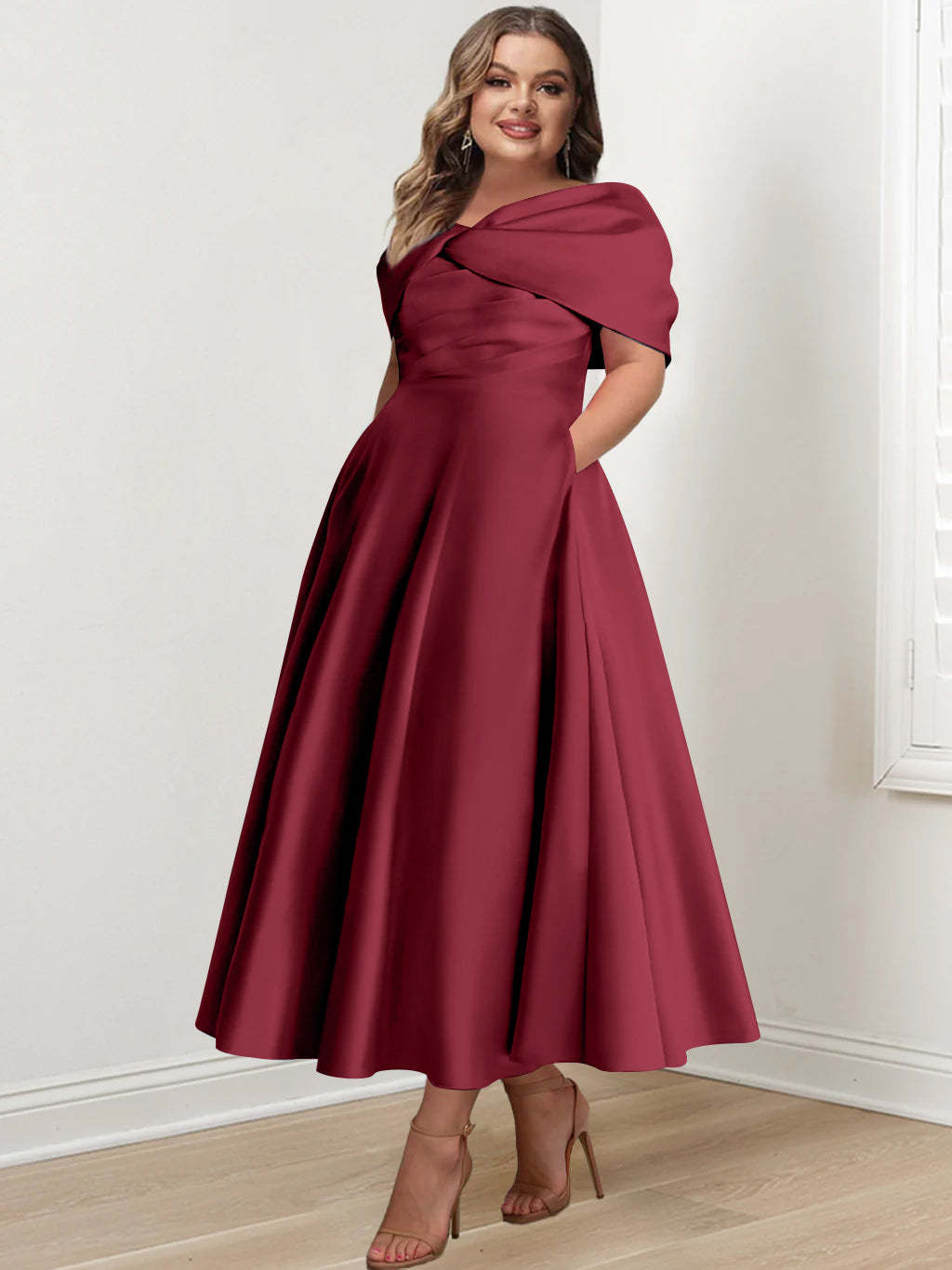 Plus Size Off-The-Shoulder A-Line Princess Ankle-Length Mother Of The Bride Dress With Ruffles & Bowknot
