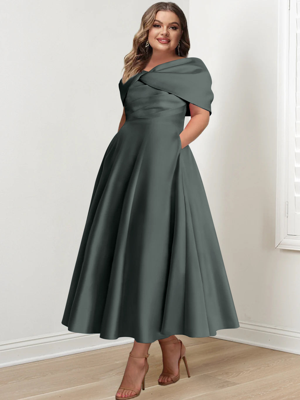 Plus Size Off-The-Shoulder A-Line Princess Ankle-Length Mother Of The Bride Dress With Ruffles & Bowknot