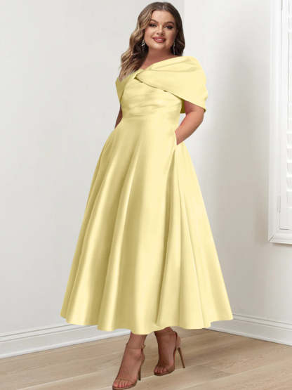 Plus Size Off-The-Shoulder A-Line Princess Ankle-Length Mother Of The Bride Dress With Ruffles & Bowknot