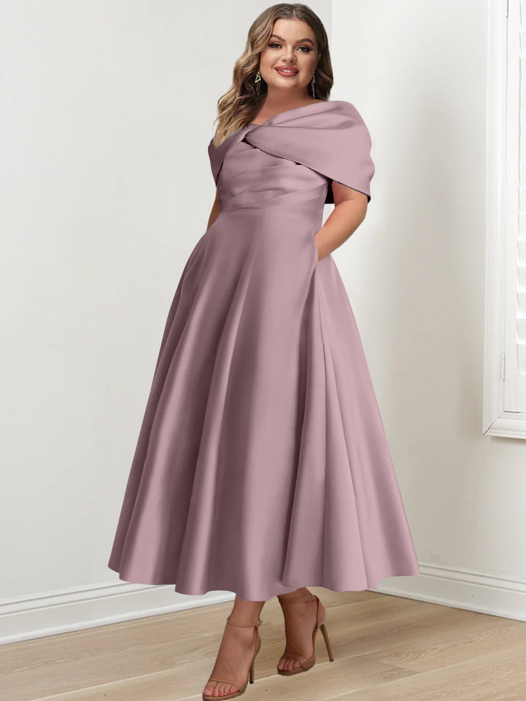 Plus Size Off-The-Shoulder A-Line Princess Ankle-Length Mother Of The Bride Dress With Ruffles & Bowknot