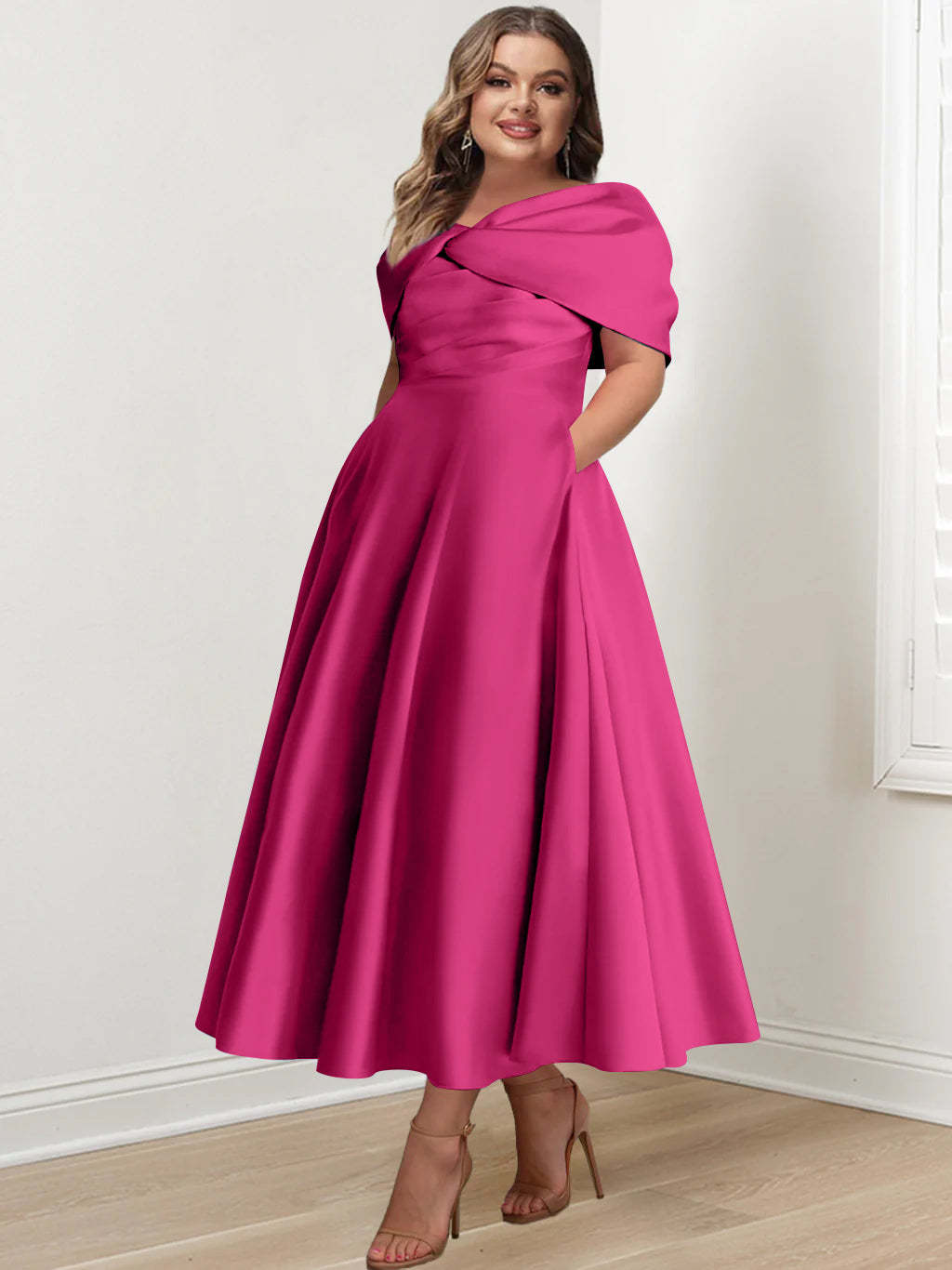 Plus Size Off-The-Shoulder A-Line Princess Ankle-Length Mother Of The Bride Dress With Ruffles & Bowknot