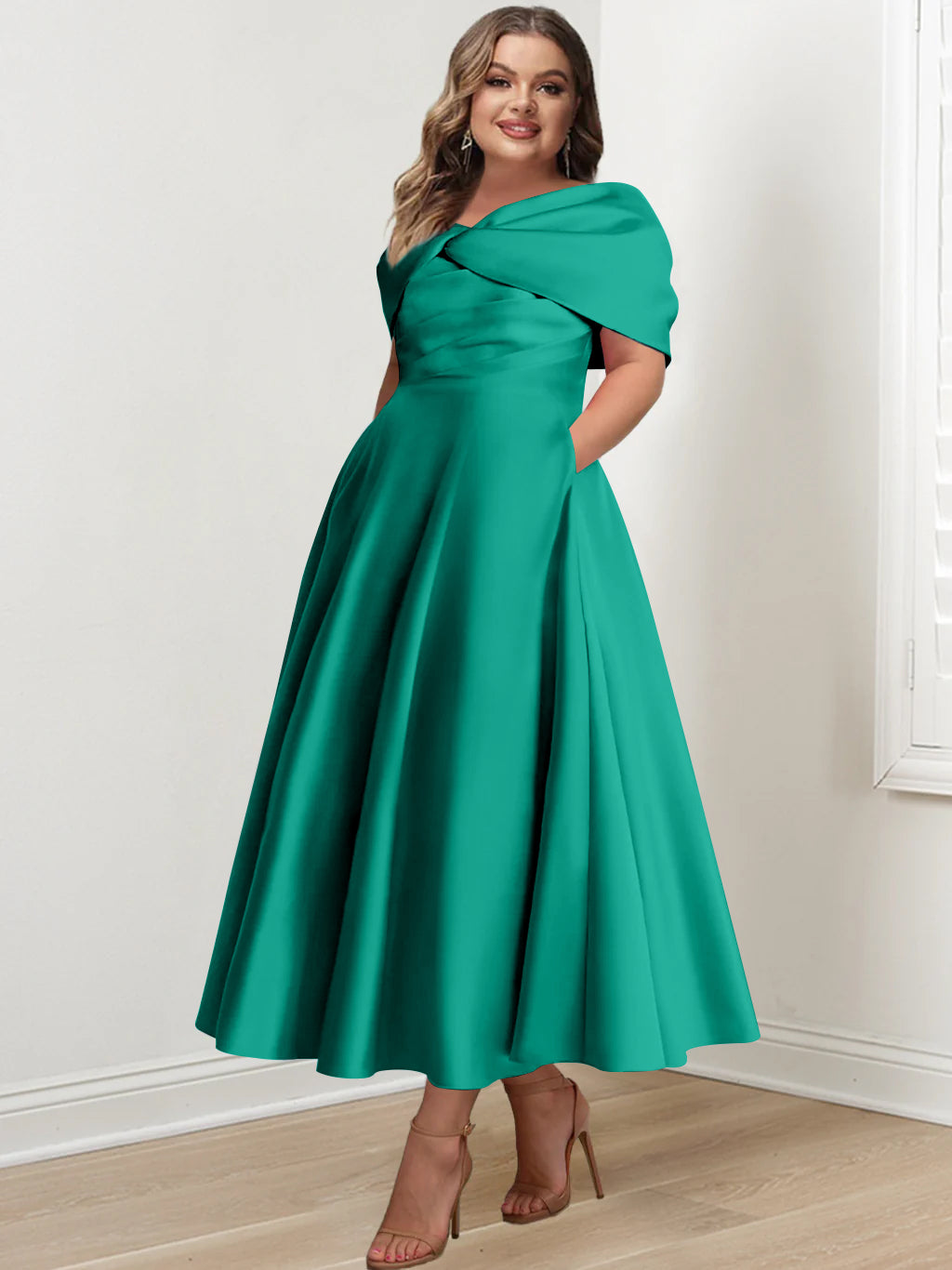 Plus Size Off-The-Shoulder A-Line Princess Ankle-Length Mother Of The Bride Dress With Ruffles & Bowknot