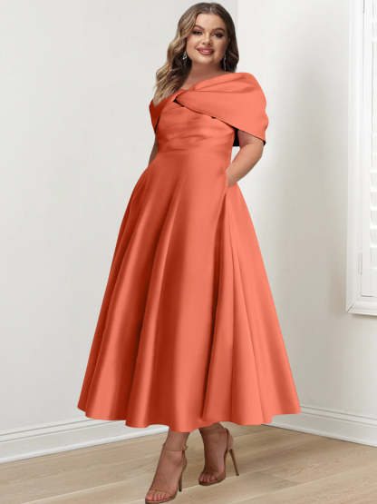 Plus Size Off-The-Shoulder A-Line Princess Ankle-Length Mother Of The Bride Dress With Ruffles & Bowknot