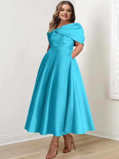 Plus Size Off-The-Shoulder A-Line Princess Ankle-Length Mother Of The Bride Dress With Ruffles & Bowknot