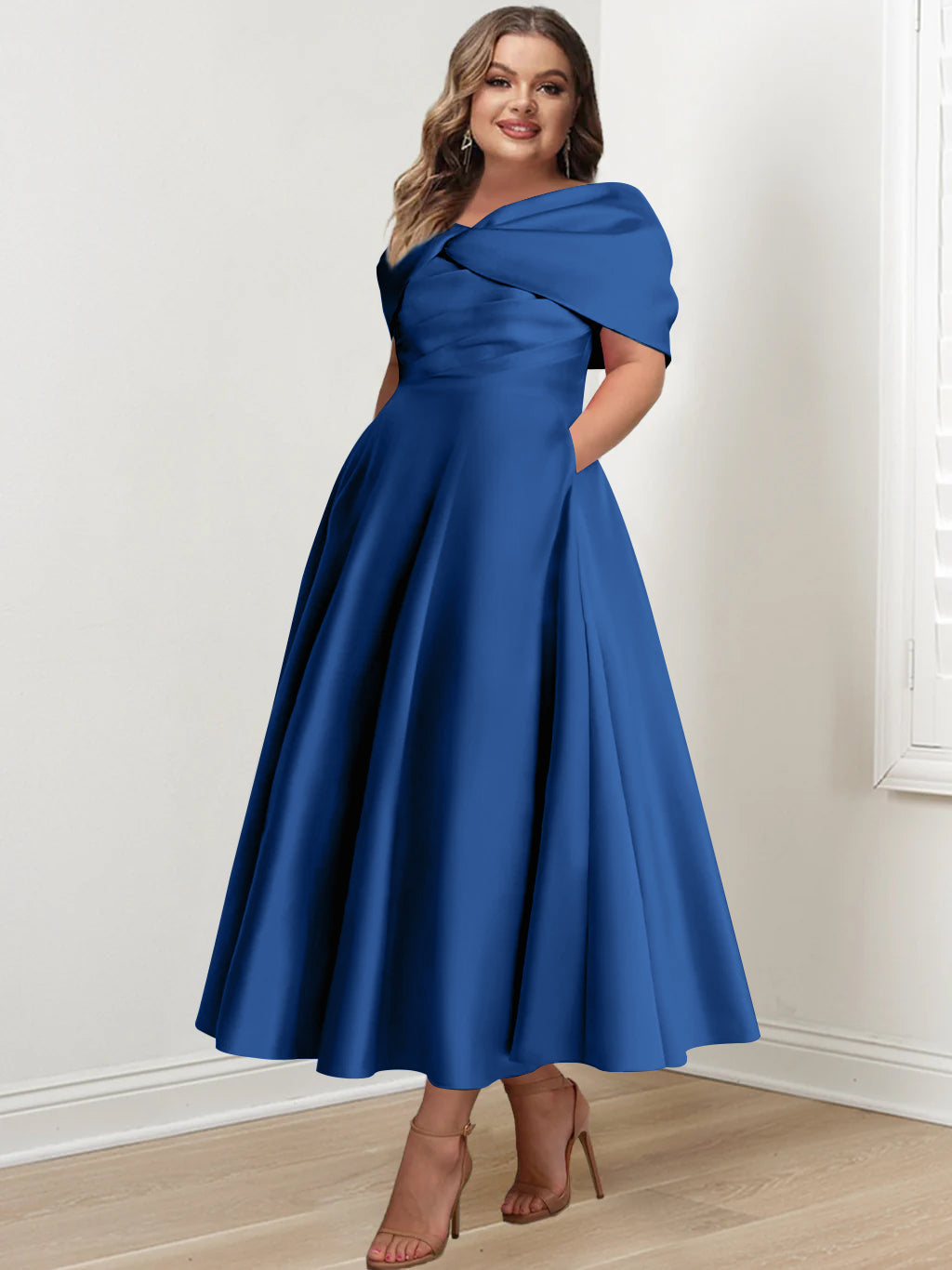 Plus Size Off-The-Shoulder A-Line Princess Ankle-Length Mother Of The Bride Dress With Ruffles & Bowknot