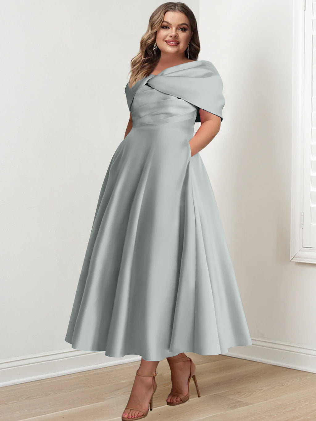 Plus Size Off-The-Shoulder A-Line Princess Ankle-Length Mother Of The Bride Dress With Ruffles & Bowknot