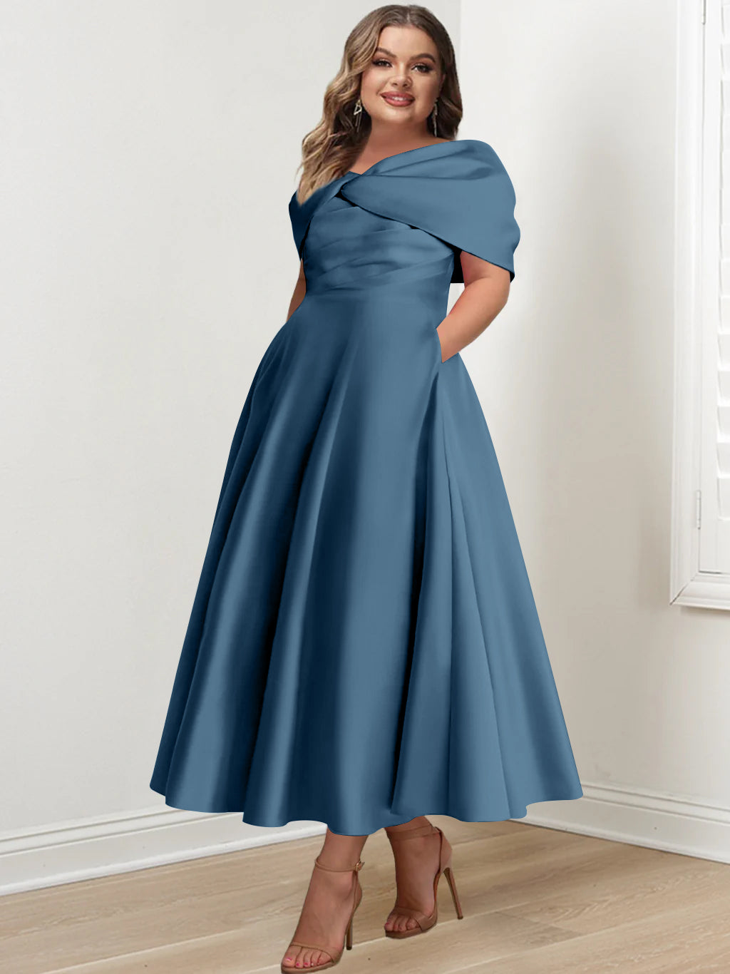 Plus Size Off-The-Shoulder A-Line Princess Ankle-Length Mother Of The Bride Dress With Ruffles & Bowknot