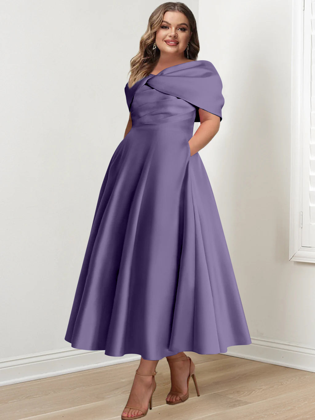 Plus Size Off-The-Shoulder A-Line Princess Ankle-Length Mother Of The Bride Dress With Ruffles & Bowknot