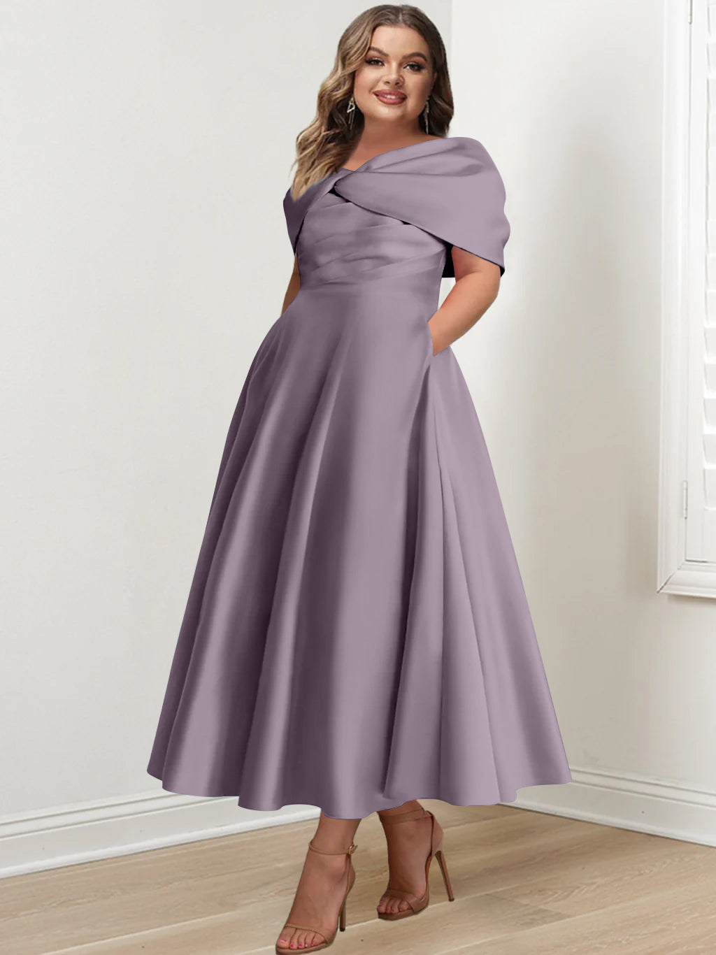 Plus Size Off-The-Shoulder A-Line Princess Ankle-Length Mother Of The Bride Dress With Ruffles & Bowknot