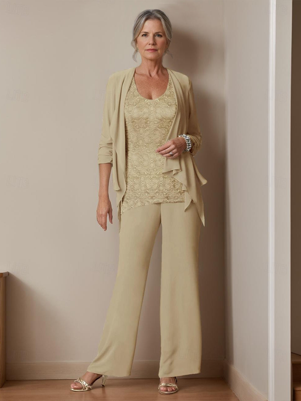 Long Sleeve Scoop Neck Ankle-Length Jumpsuits with Lace for the Mother of the Bride