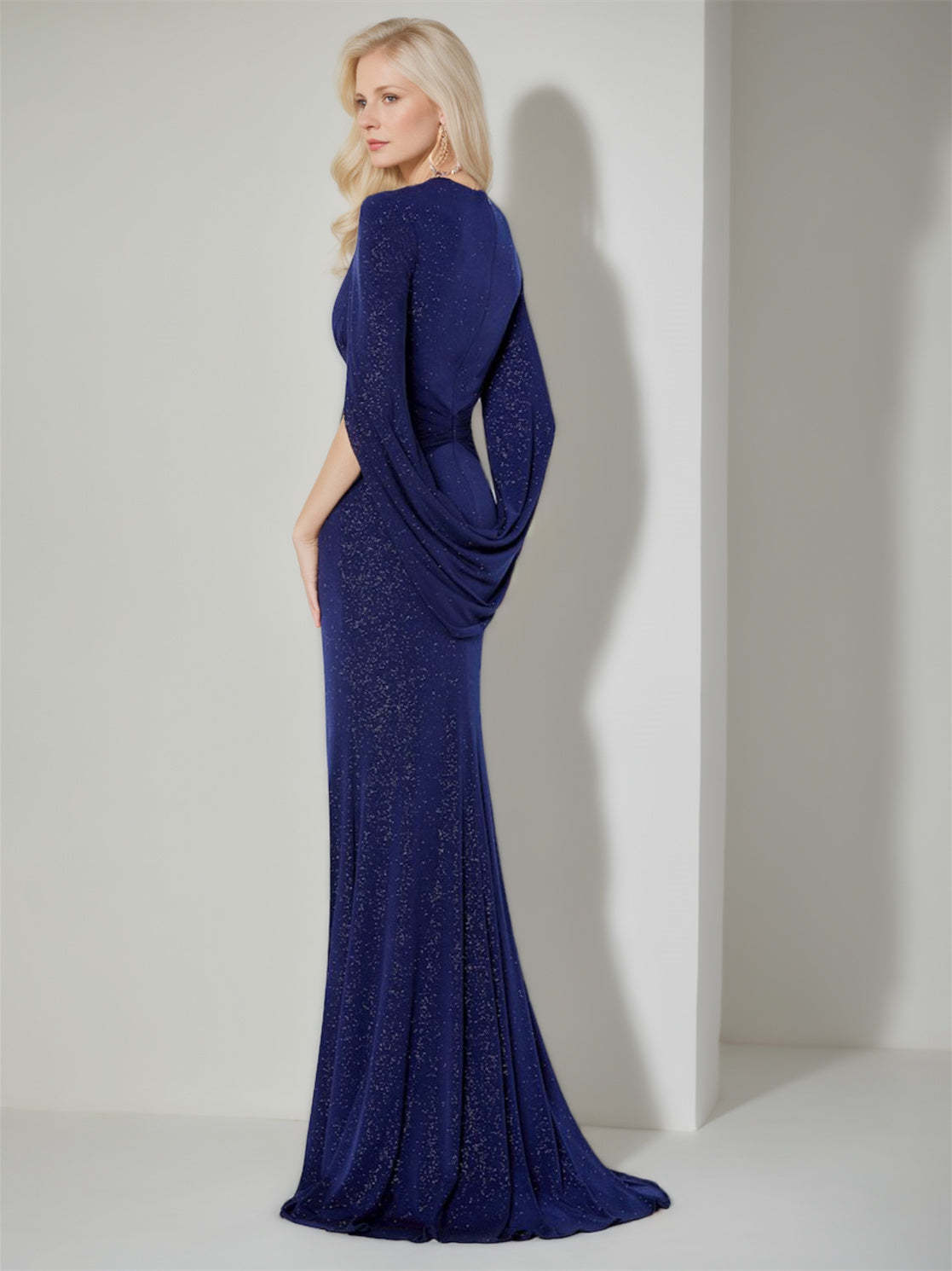 V-Neck Floor-Length Mother of the Bride Sheath Dress With Three-Quarter Sleeves and Ruffles