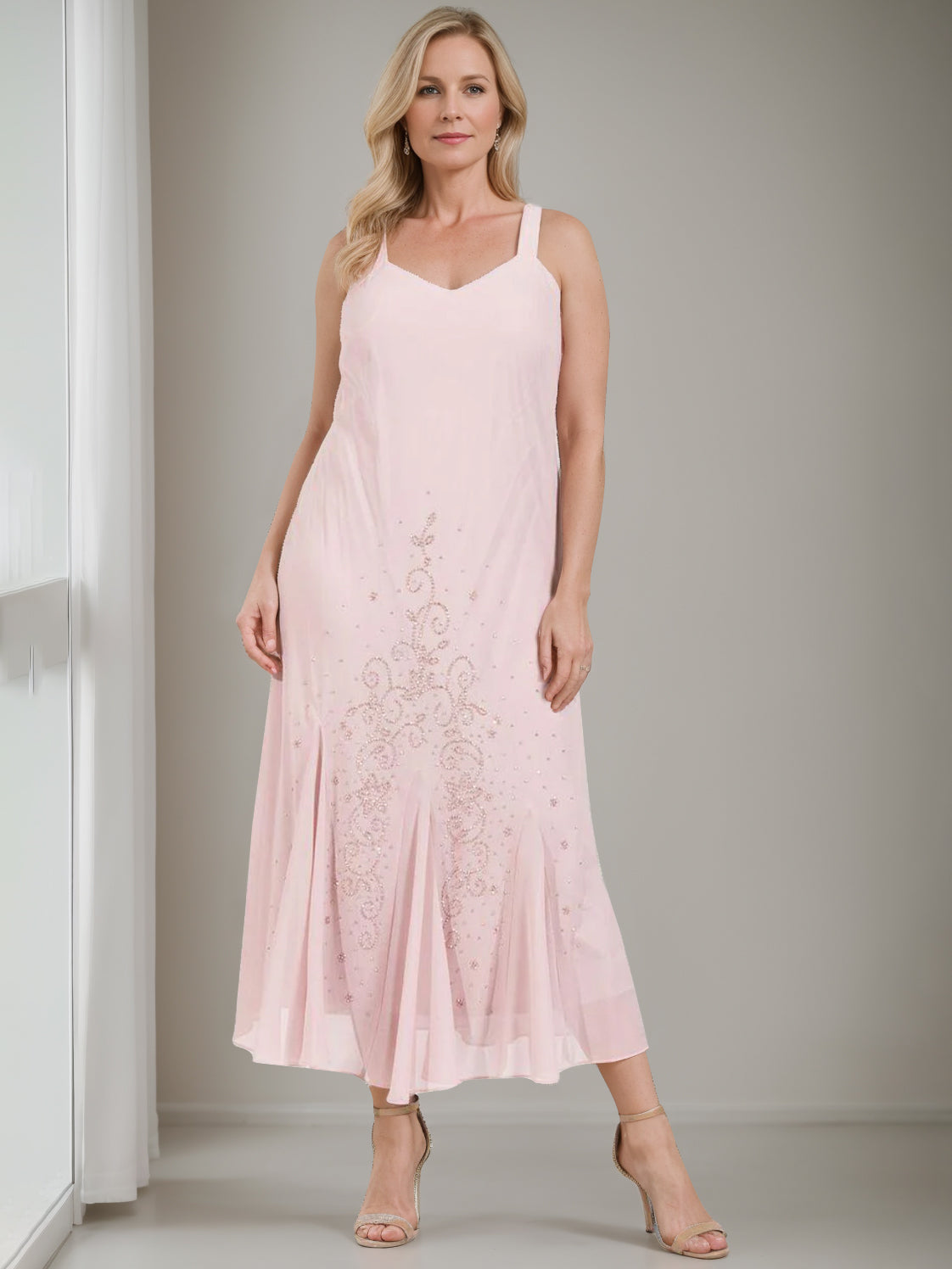 V-Neck A-Line Princess Two-Piece Plus Size Mother of the Bride Dress with Jacket and Sequins in Tea-Length