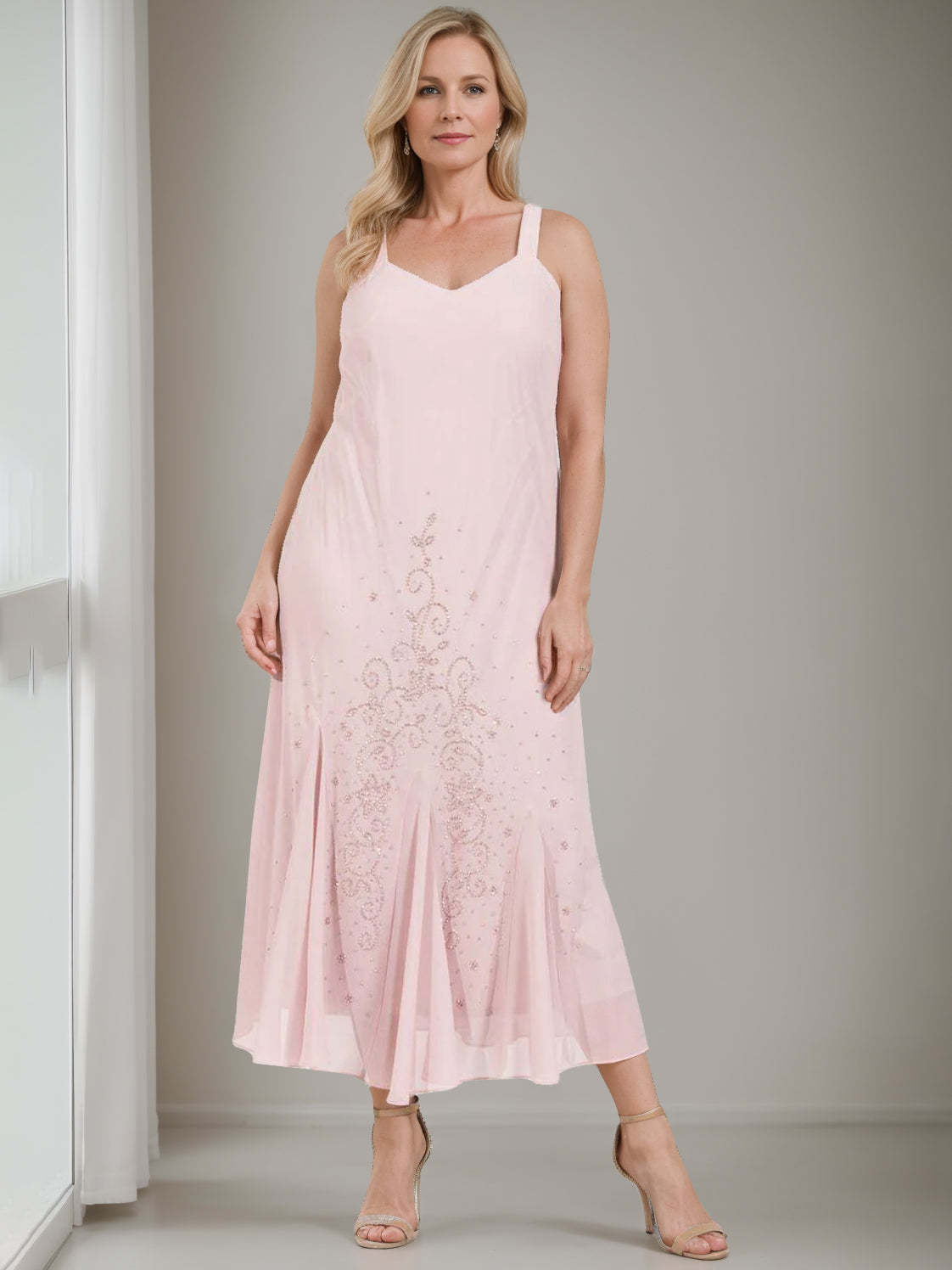 V-Neck A-Line Princess Two-Piece Plus Size Mother of the Bride Dress with Jacket and Sequins in Tea-Length