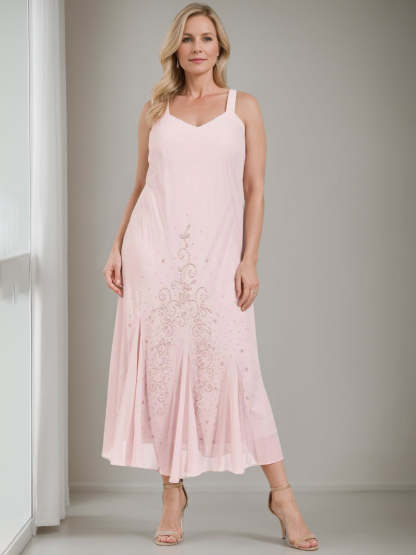V-Neck A-Line Princess Two-Piece Plus Size Mother of the Bride Dress with Jacket and Sequins in Tea-Length