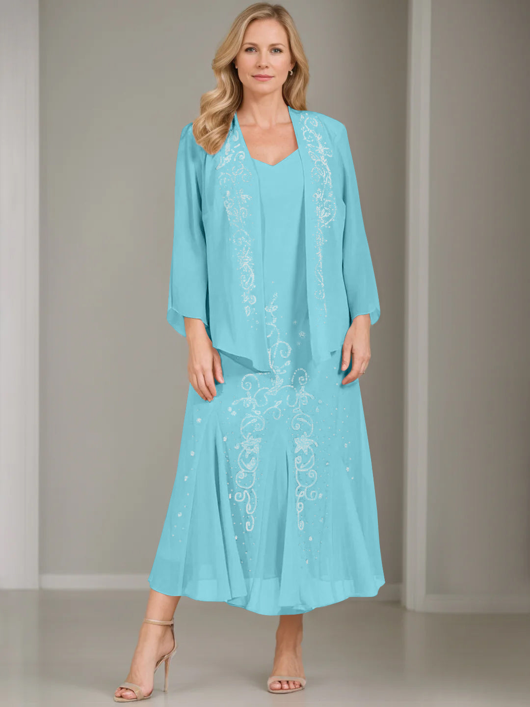 V-Neck A-Line Princess Two-Piece Plus Size Mother of the Bride Dress with Jacket and Sequins in Tea-Length