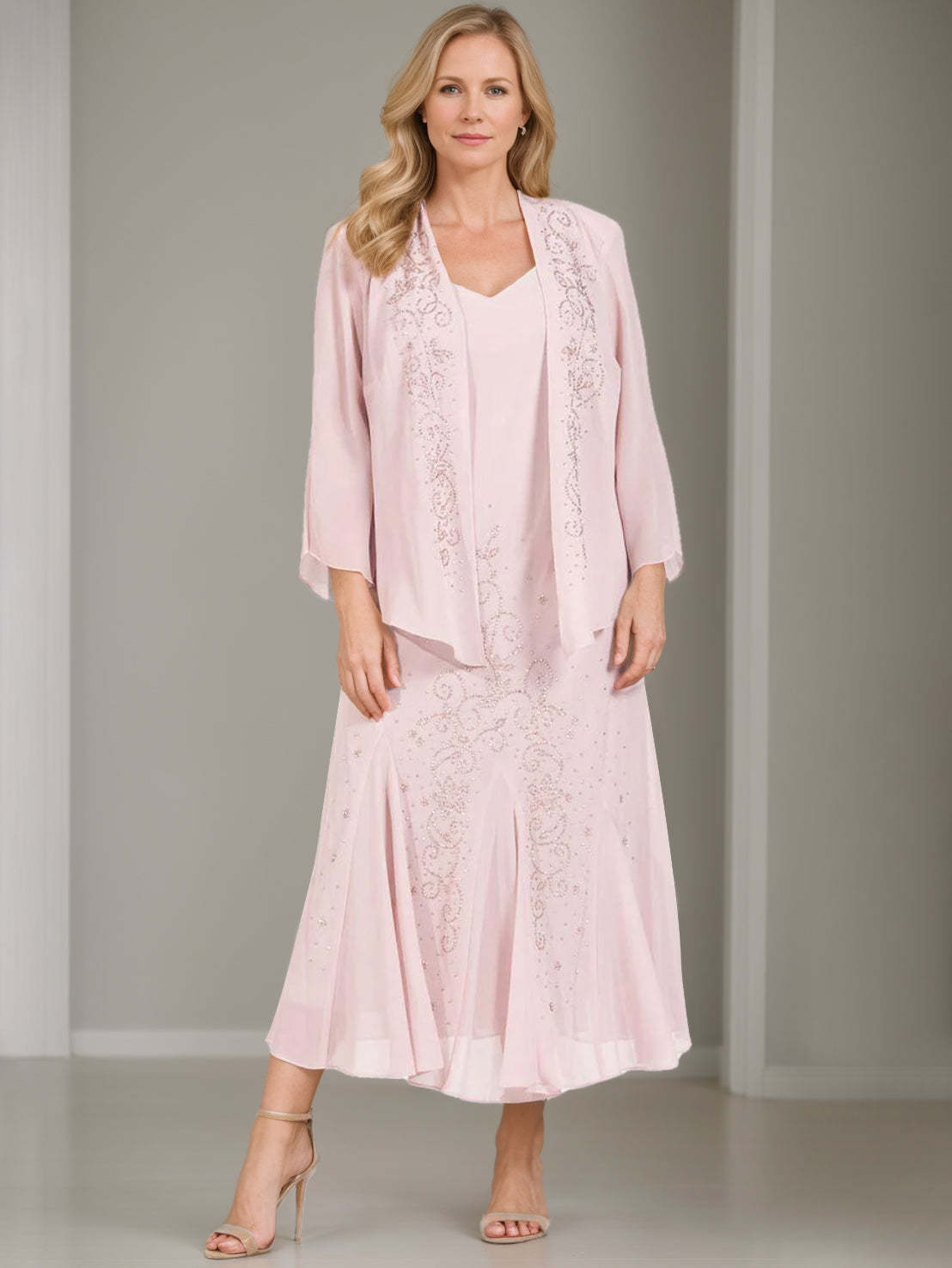 V-Neck A-Line Princess Two-Piece Plus Size Mother of the Bride Dress with Jacket and Sequins in Tea-Length