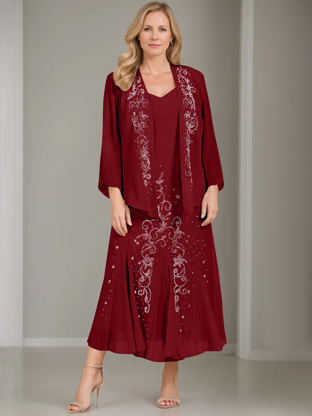 V-Neck A-Line Princess Two-Piece Plus Size Mother of the Bride Dress with Jacket and Sequins in Tea-Length