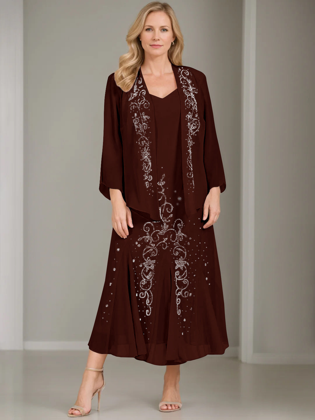 V-Neck A-Line Princess Two-Piece Plus Size Mother of the Bride Dress with Jacket and Sequins in Tea-Length