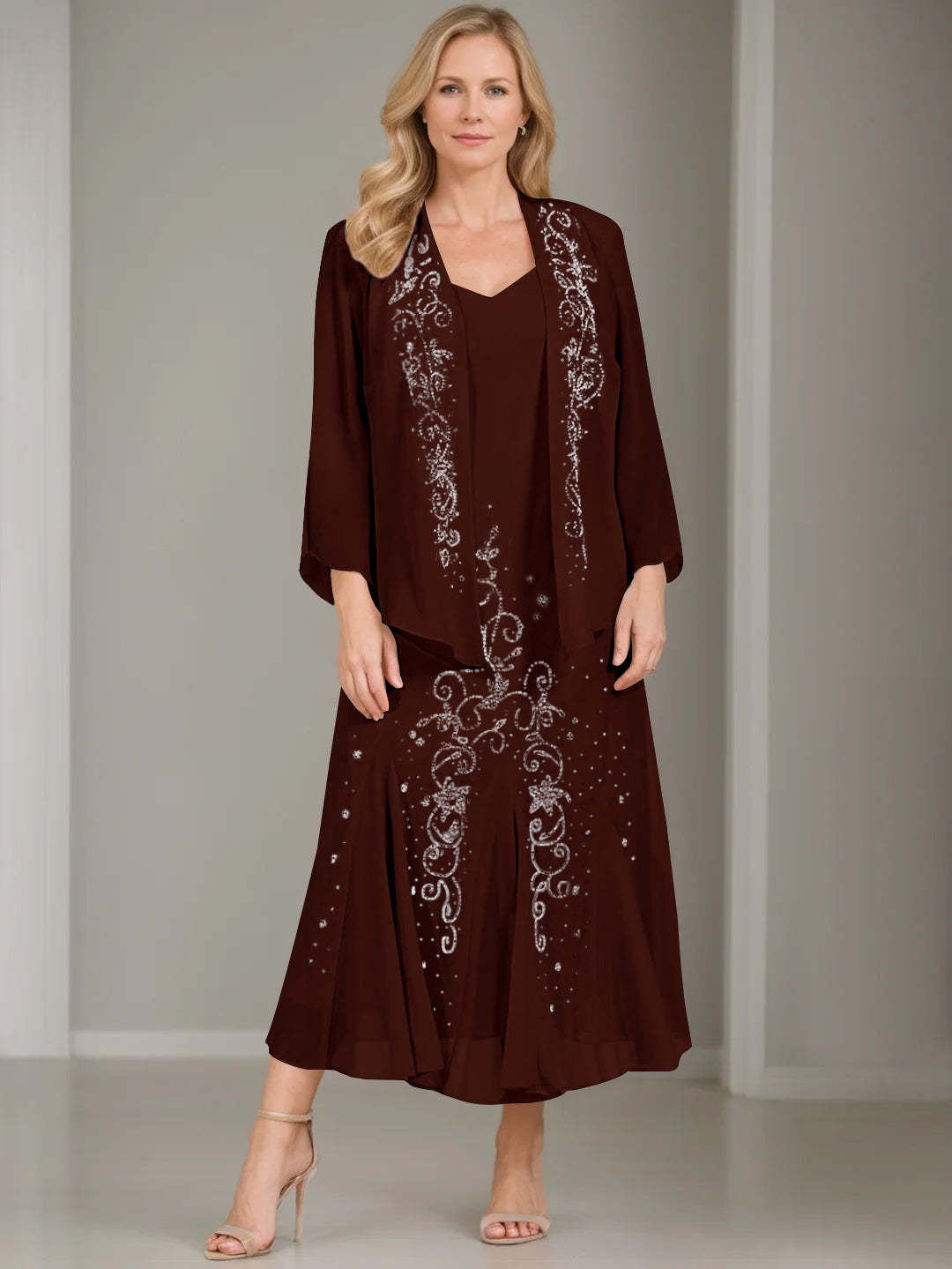 V-Neck A-Line Princess Two-Piece Plus Size Mother of the Bride Dress with Jacket and Sequins in Tea-Length
