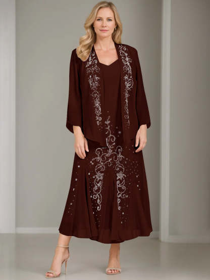 V-Neck A-Line Princess Two-Piece Plus Size Mother of the Bride Dress with Jacket and Sequins in Tea-Length