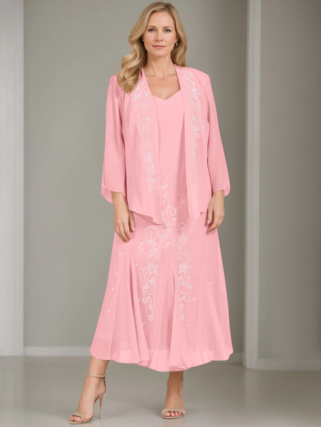 V-Neck A-Line Princess Two-Piece Plus Size Mother of the Bride Dress with Jacket and Sequins in Tea-Length