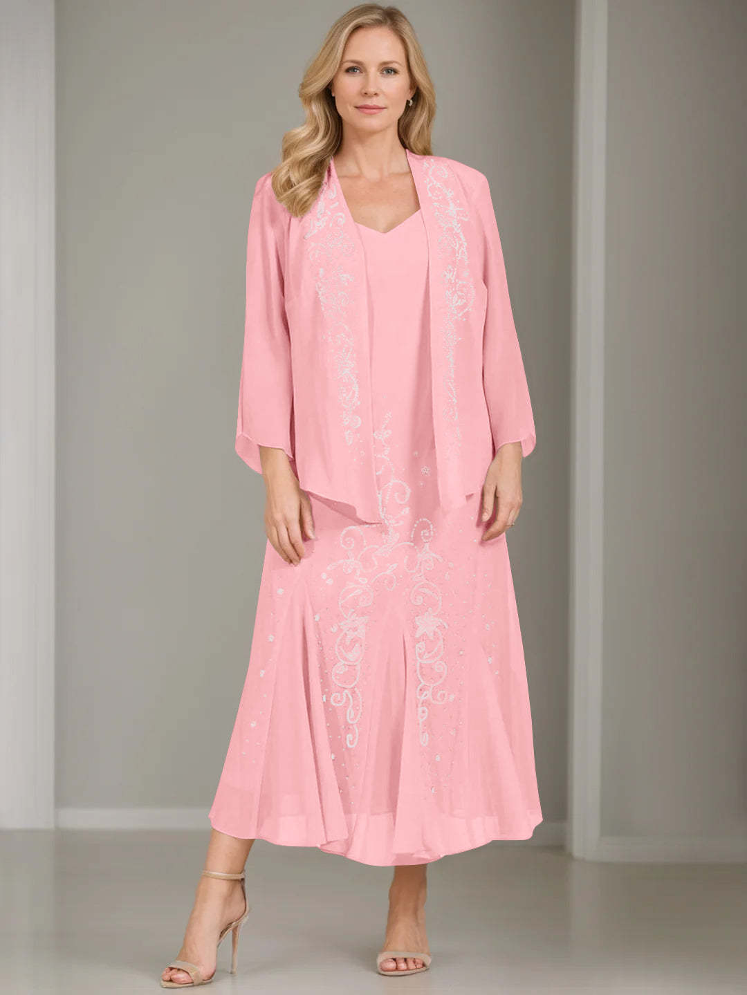 V-Neck A-Line Princess Two-Piece Plus Size Mother of the Bride Dress with Jacket and Sequins in Tea-Length