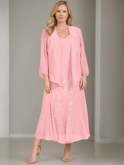 V-Neck A-Line Princess Two-Piece Plus Size Mother of the Bride Dress with Jacket and Sequins in Tea-Length