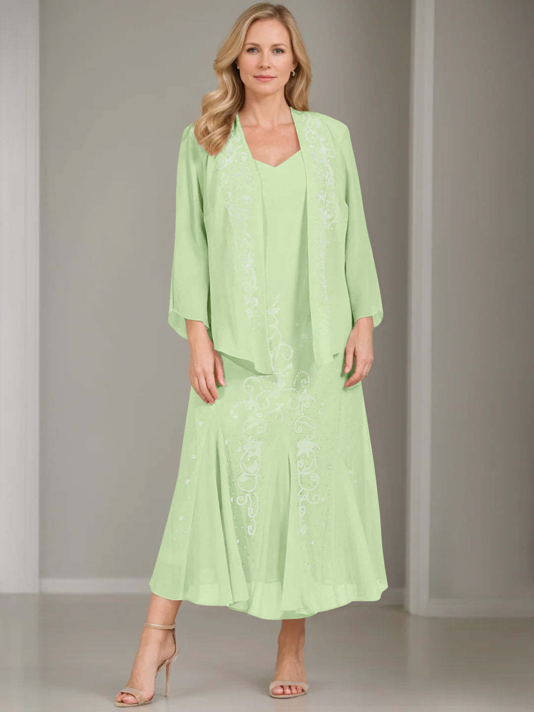 V-Neck A-Line Princess Two-Piece Plus Size Mother of the Bride Dress with Jacket and Sequins in Tea-Length