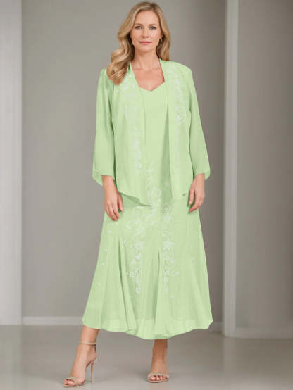 V-Neck A-Line Princess Two-Piece Plus Size Mother of the Bride Dress with Jacket and Sequins in Tea-Length