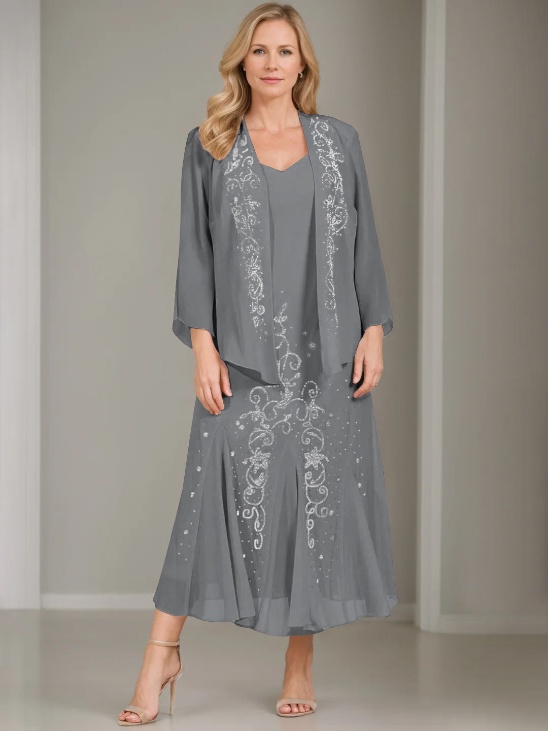 V-Neck A-Line Princess Two-Piece Plus Size Mother of the Bride Dress with Jacket and Sequins in Tea-Length