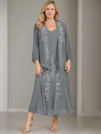 V-Neck A-Line Princess Two-Piece Plus Size Mother of the Bride Dress with Jacket and Sequins in Tea-Length