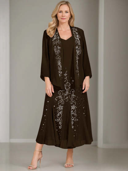 V-Neck A-Line Princess Two-Piece Plus Size Mother of the Bride Dress with Jacket and Sequins in Tea-Length