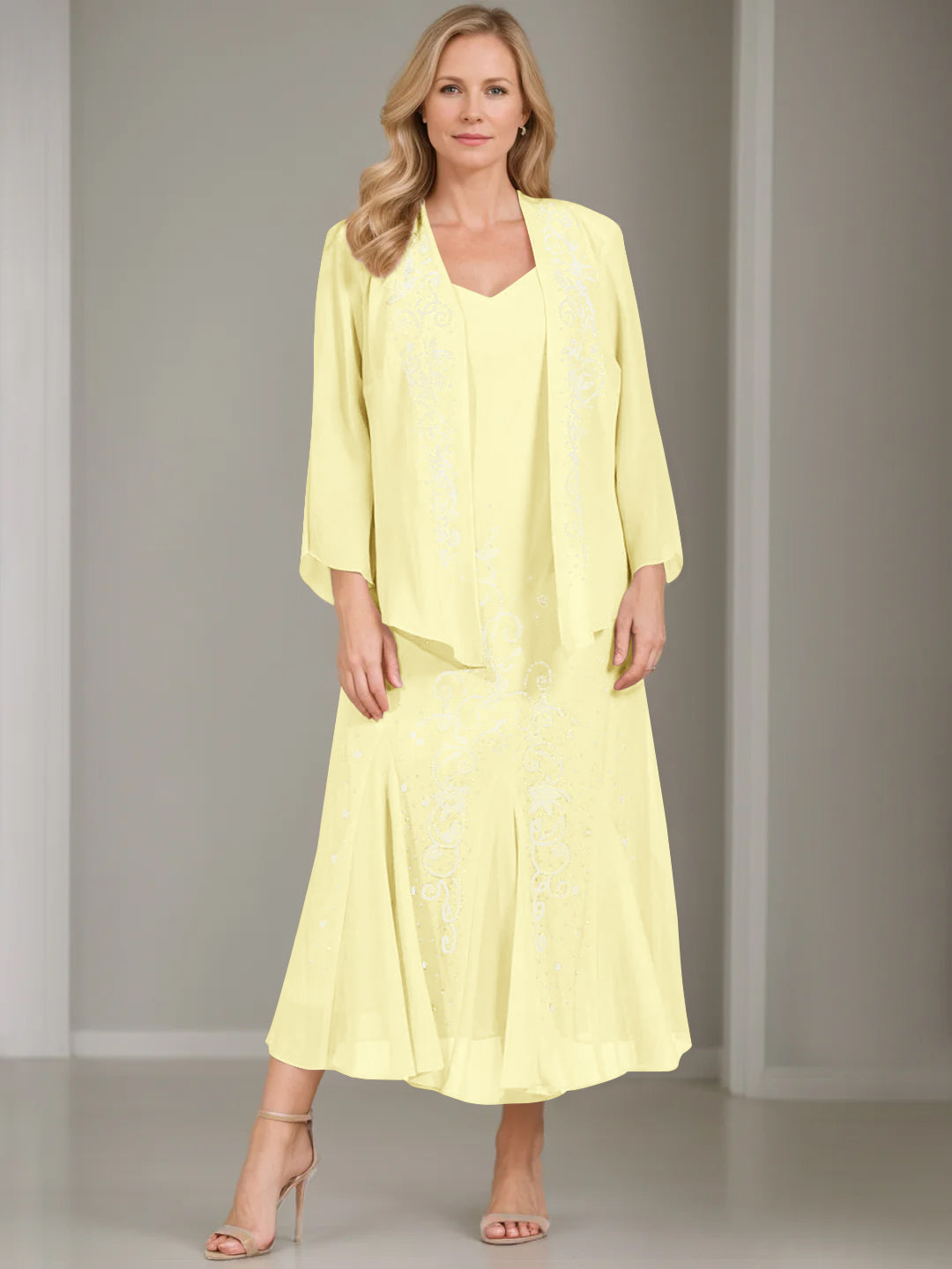 V-Neck A-Line Princess Two-Piece Plus Size Mother of the Bride Dress with Jacket and Sequins in Tea-Length