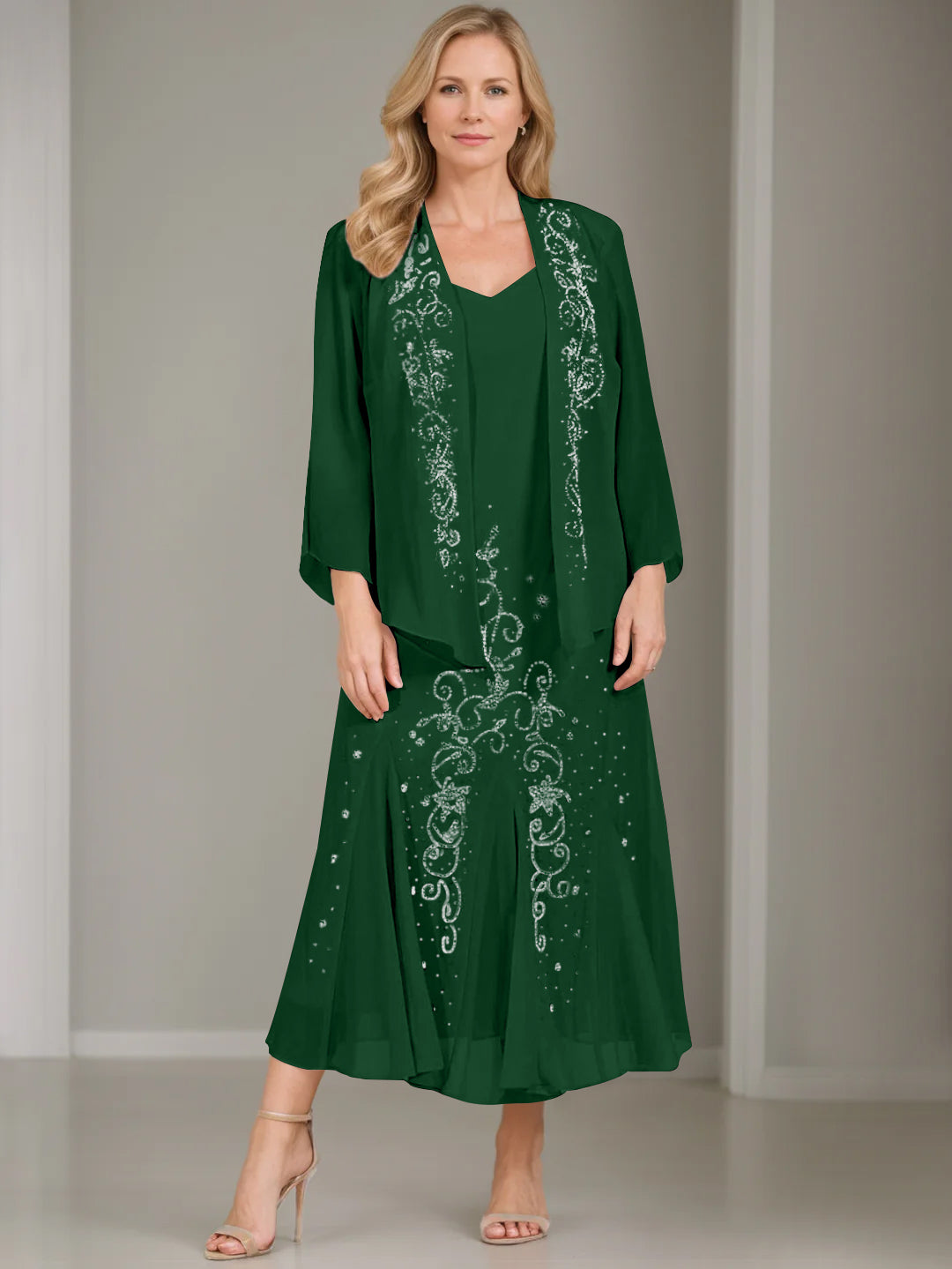 V-Neck A-Line Princess Two-Piece Plus Size Mother of the Bride Dress with Jacket and Sequins in Tea-Length