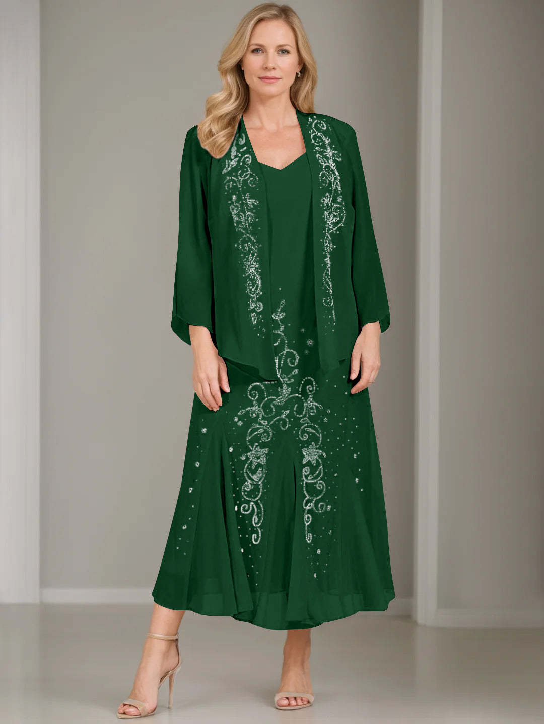 V-Neck A-Line Princess Two-Piece Plus Size Mother of the Bride Dress with Jacket and Sequins in Tea-Length