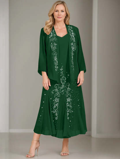 V-Neck A-Line Princess Two-Piece Plus Size Mother of the Bride Dress with Jacket and Sequins in Tea-Length