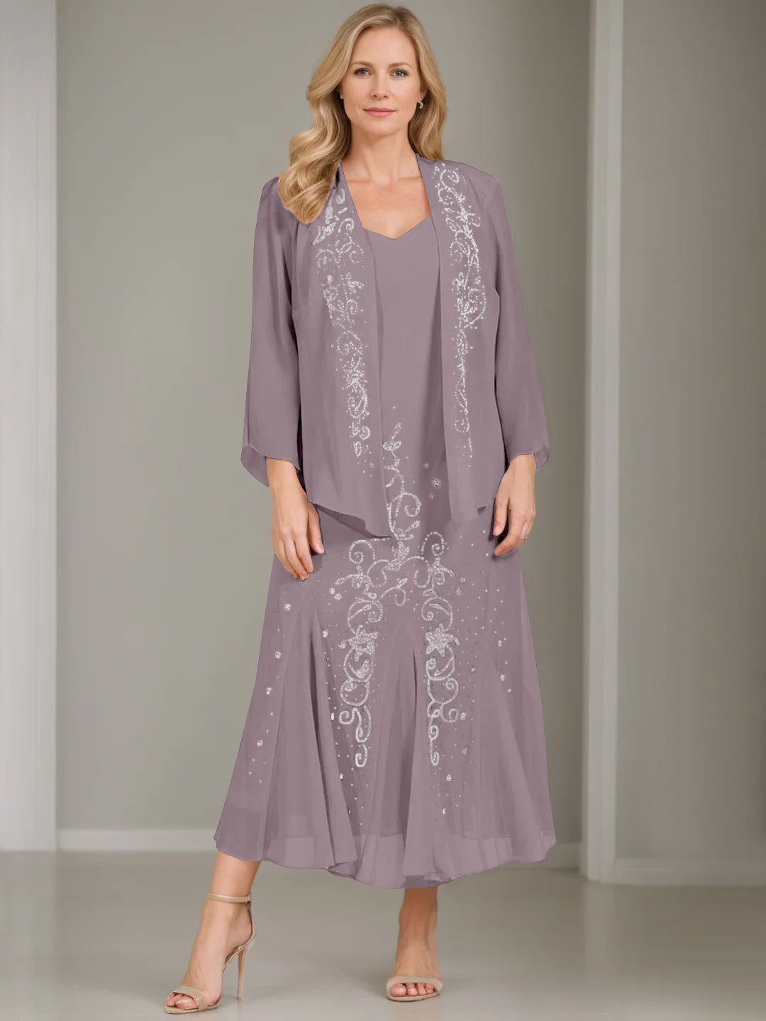V-Neck A-Line Princess Two-Piece Plus Size Mother of the Bride Dress with Jacket and Sequins in Tea-Length