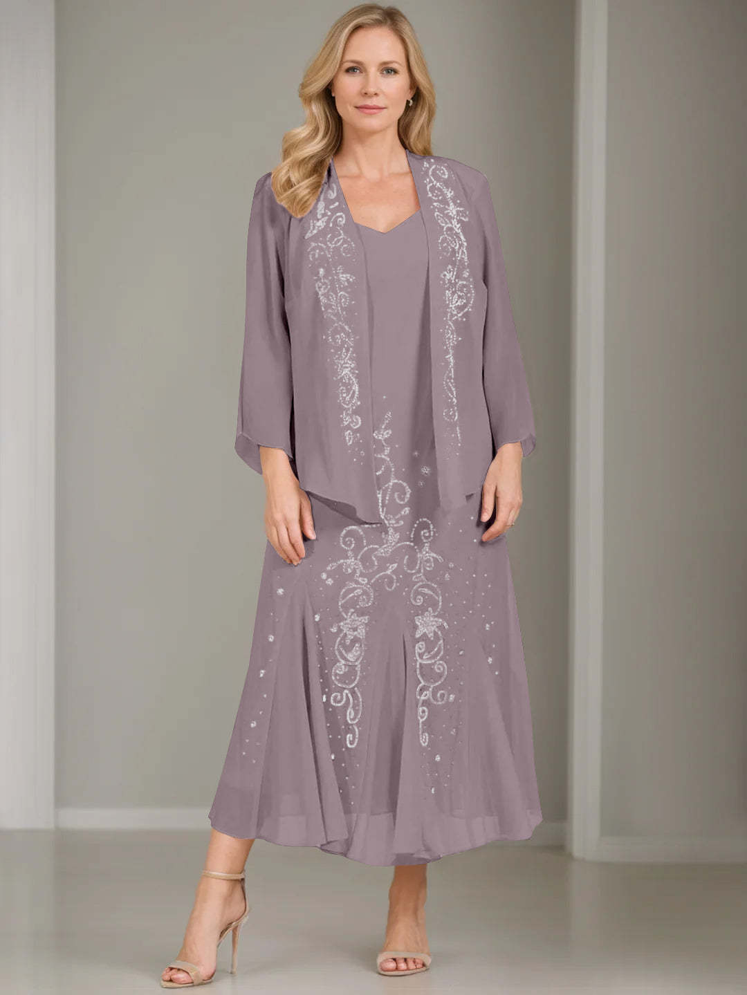 V-Neck A-Line Princess Two-Piece Plus Size Mother of the Bride Dress with Jacket and Sequins in Tea-Length
