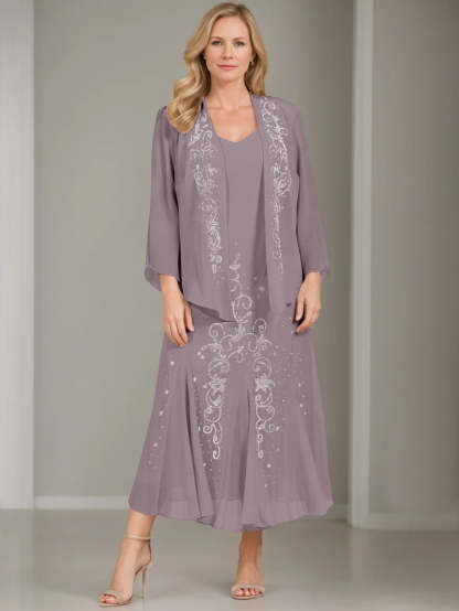 V-Neck A-Line Princess Two-Piece Plus Size Mother of the Bride Dress with Jacket and Sequins in Tea-Length