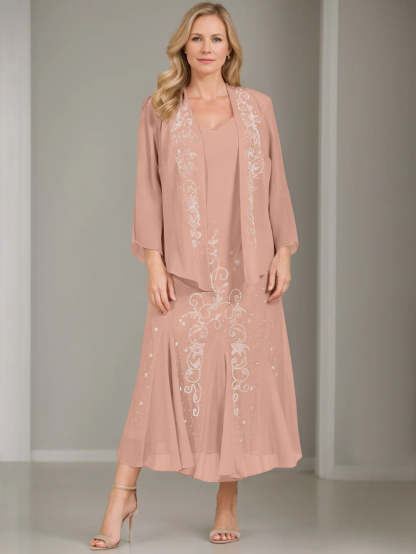 V-Neck A-Line Princess Two-Piece Plus Size Mother of the Bride Dress with Jacket and Sequins in Tea-Length