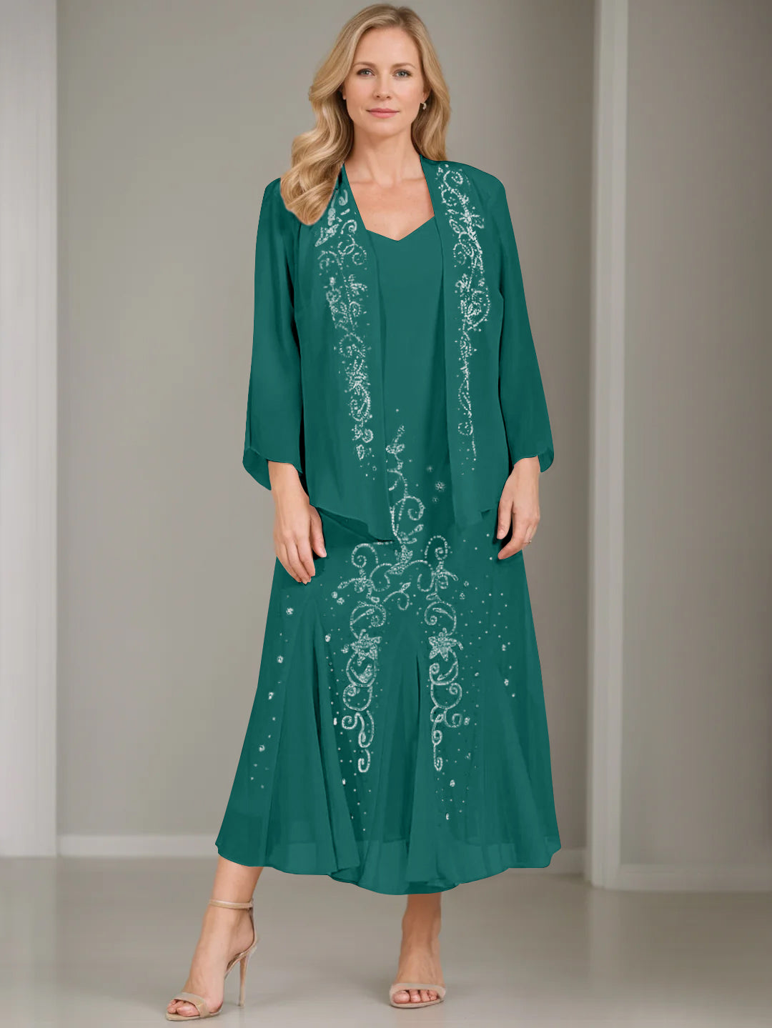 V-Neck A-Line Princess Two-Piece Plus Size Mother of the Bride Dress with Jacket and Sequins in Tea-Length