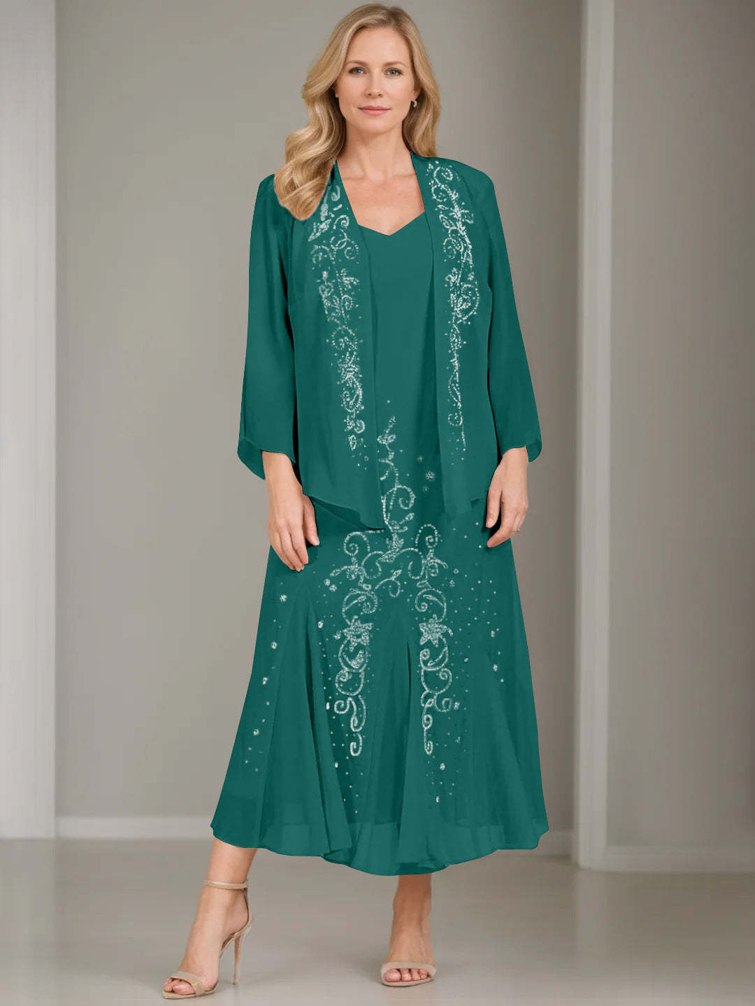 V-Neck A-Line Princess Two-Piece Plus Size Mother of the Bride Dress with Jacket and Sequins in Tea-Length