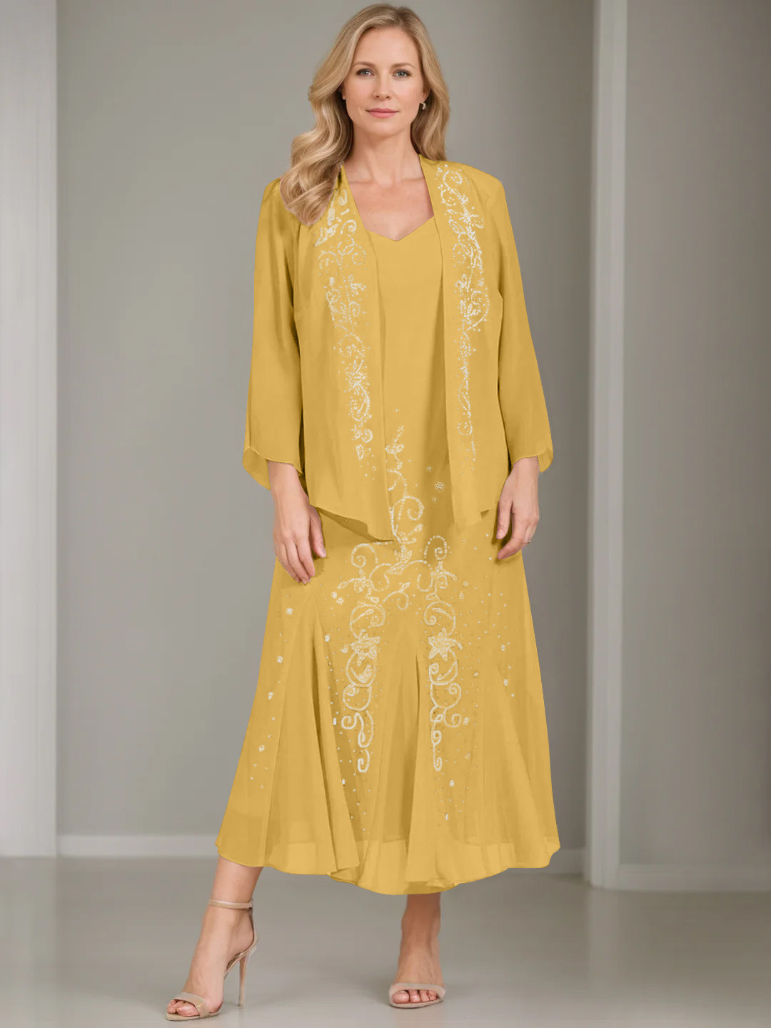 V-Neck A-Line Princess Two-Piece Plus Size Mother of the Bride Dress with Jacket and Sequins in Tea-Length