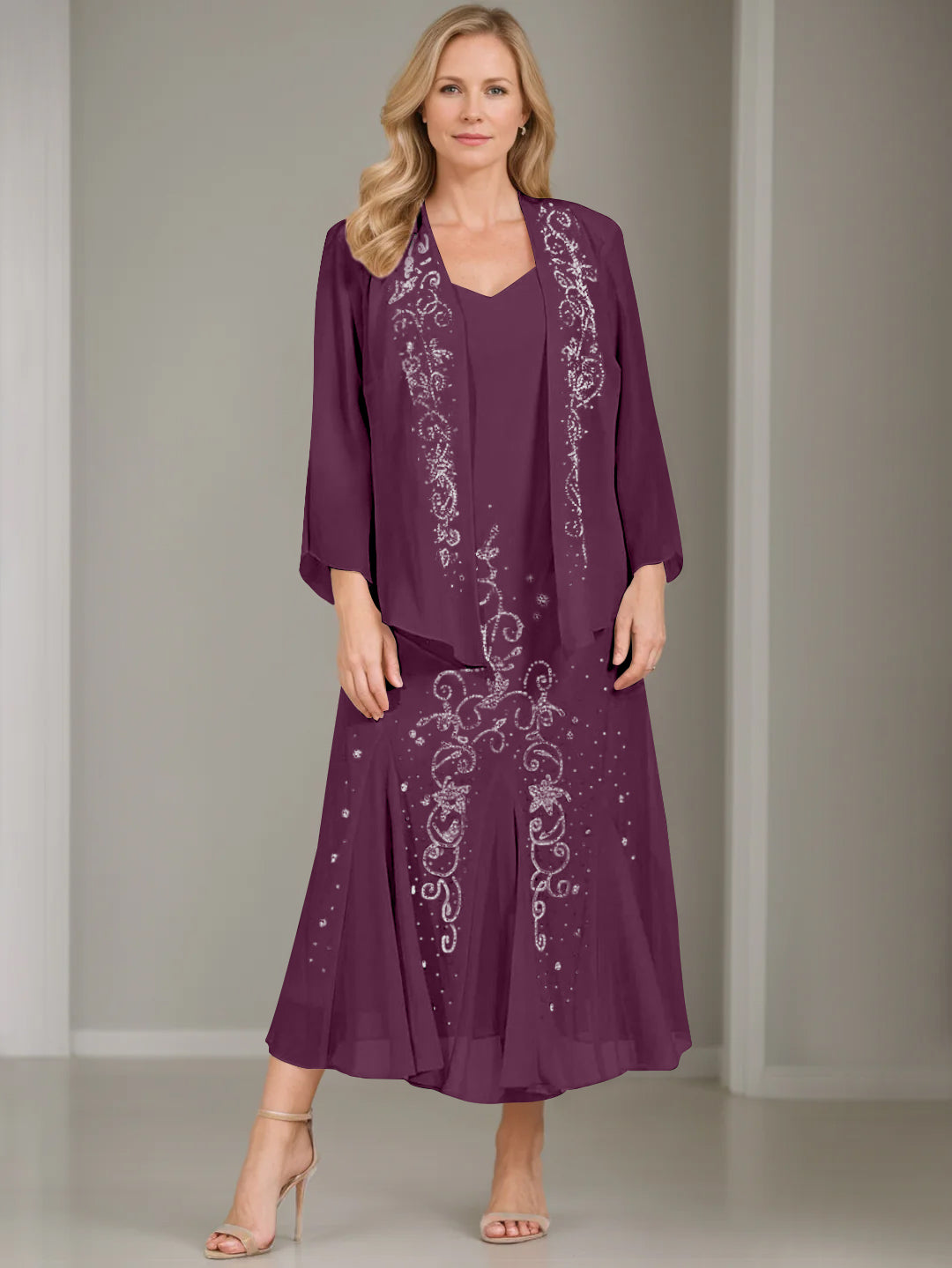 V-Neck A-Line Princess Two-Piece Plus Size Mother of the Bride Dress with Jacket and Sequins in Tea-Length