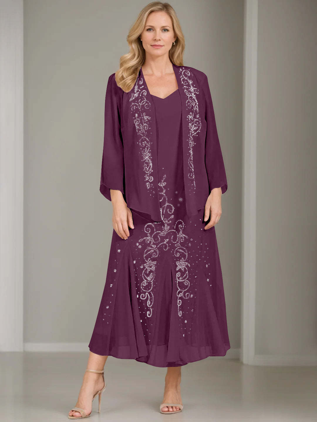 V-Neck A-Line Princess Two-Piece Plus Size Mother of the Bride Dress with Jacket and Sequins in Tea-Length