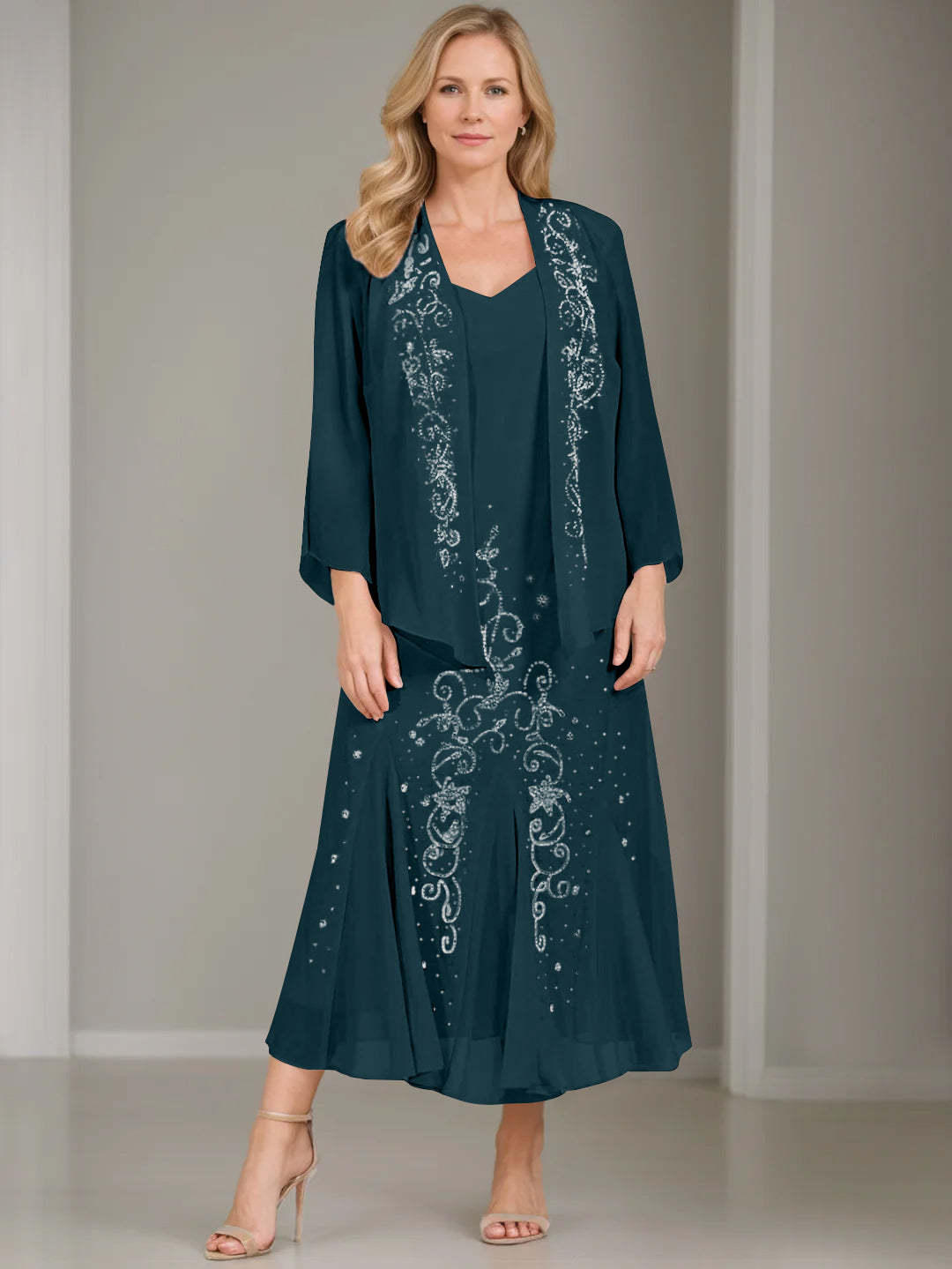 V-Neck A-Line Princess Two-Piece Plus Size Mother of the Bride Dress with Jacket and Sequins in Tea-Length