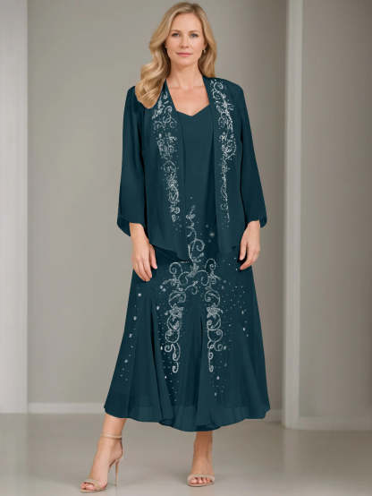 V-Neck A-Line Princess Two-Piece Plus Size Mother of the Bride Dress with Jacket and Sequins in Tea-Length