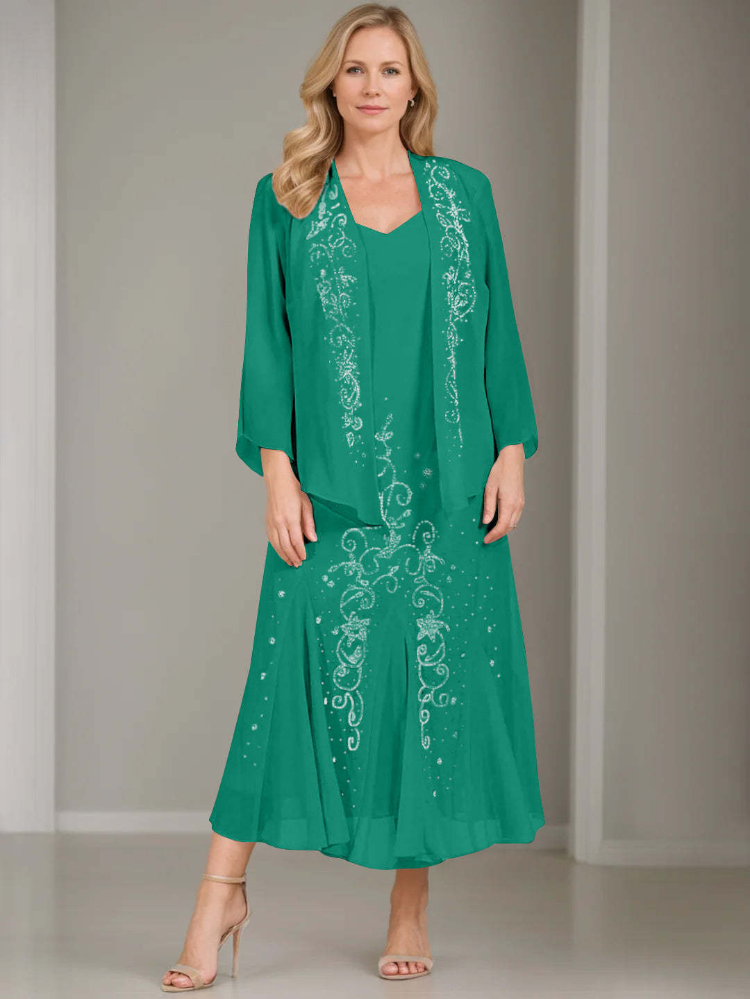 V-Neck A-Line Princess Two-Piece Plus Size Mother of the Bride Dress with Jacket and Sequins in Tea-Length