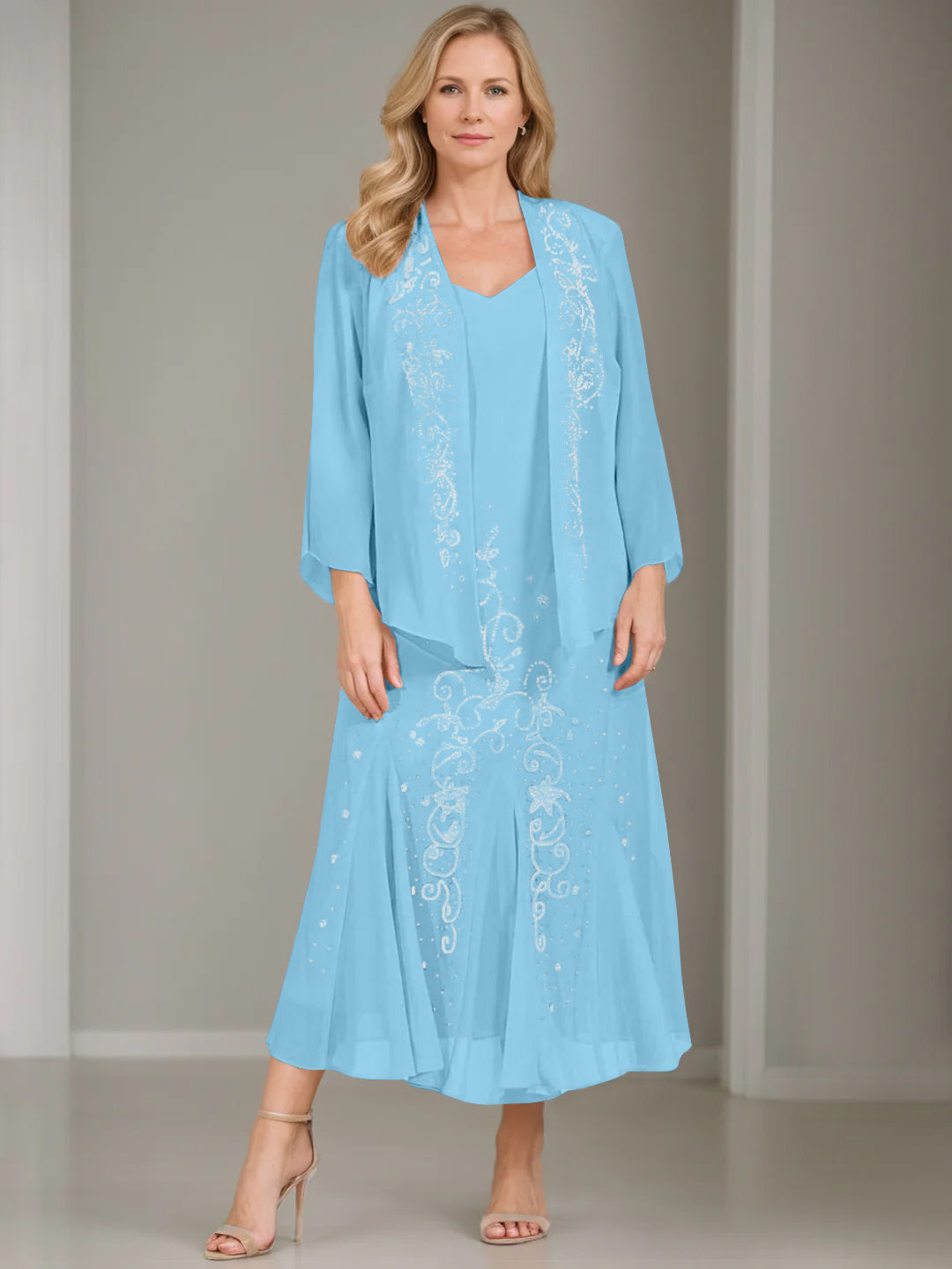 V-Neck A-Line Princess Two-Piece Plus Size Mother of the Bride Dress with Jacket and Sequins in Tea-Length