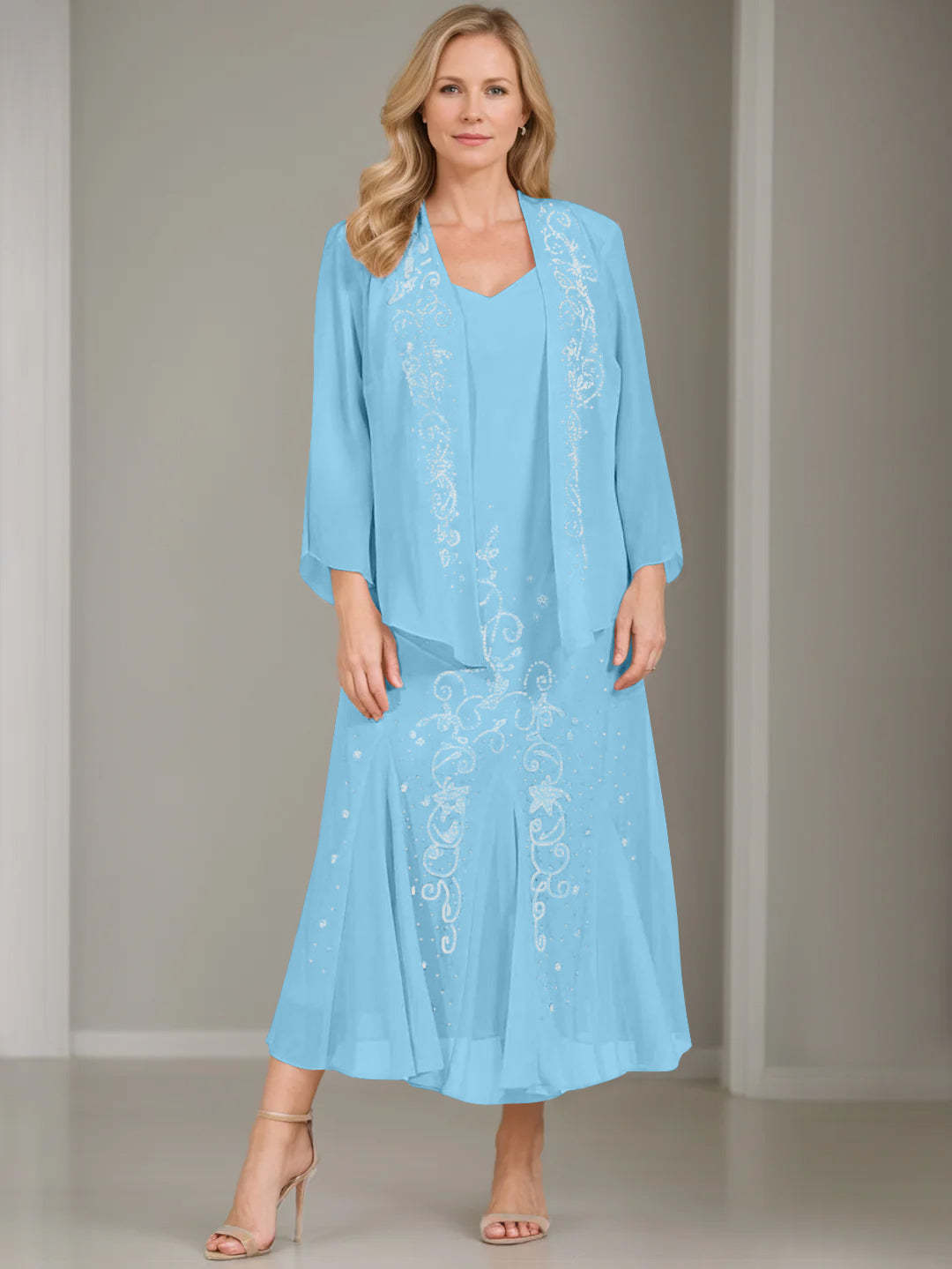 V-Neck A-Line Princess Two-Piece Plus Size Mother of the Bride Dress with Jacket and Sequins in Tea-Length